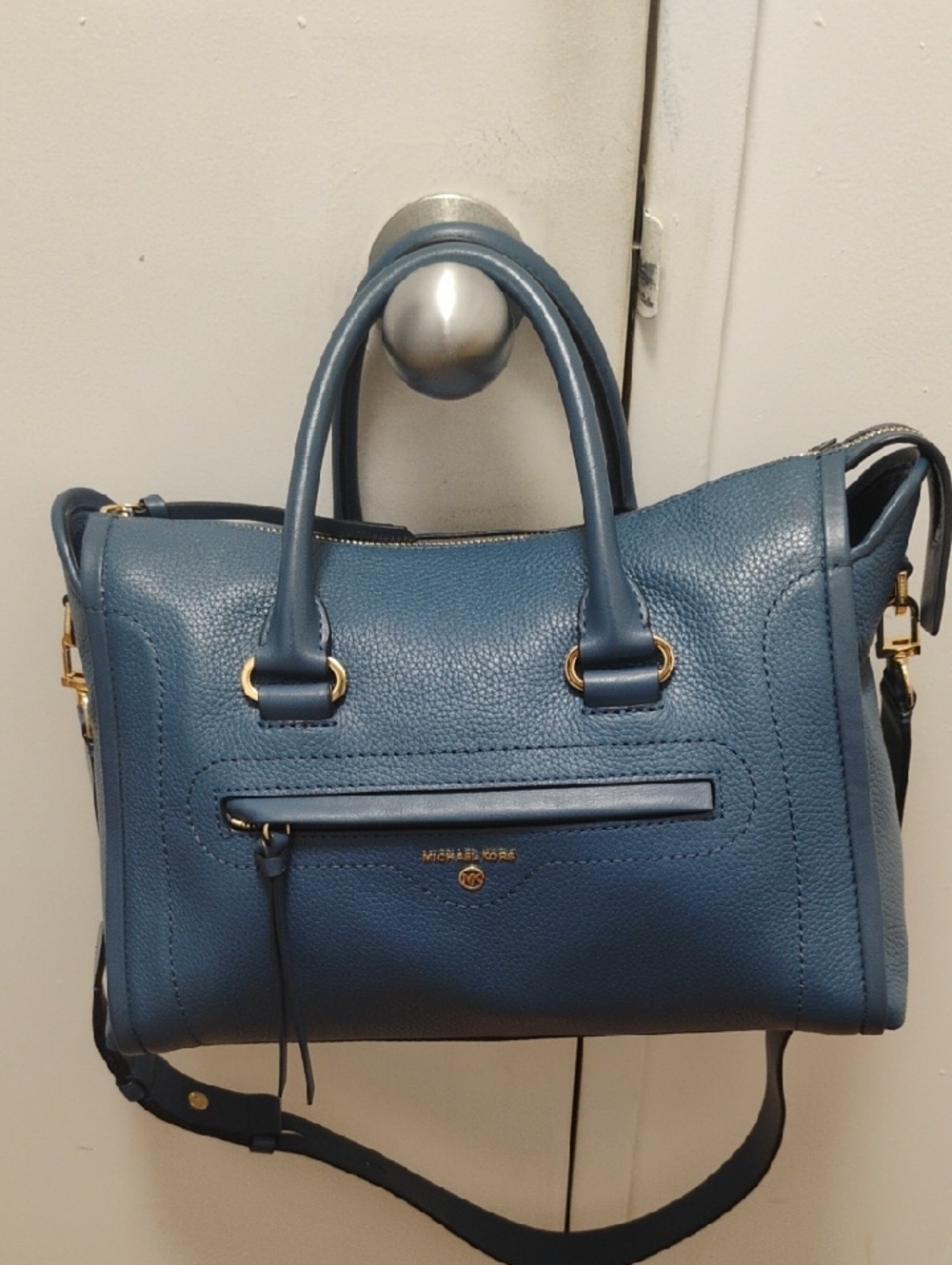 Michael Kors Teal-Blue Pebbled Leather Satchel with Detachable Strap - Picture 6 of 9